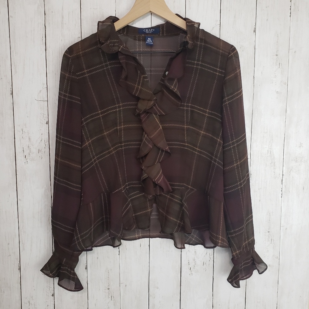 Chaps sheer long sleeve ruffle top, medium